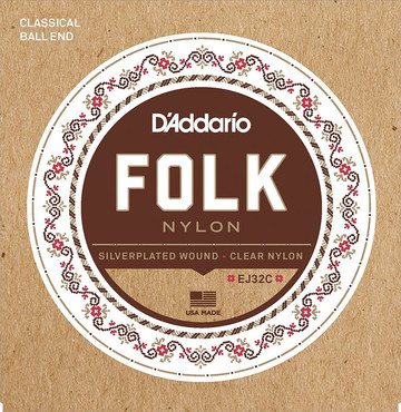 D'Addario EJ32C Folk Nylon Ball End Silver Wound Clear Nylon Trebles 0
